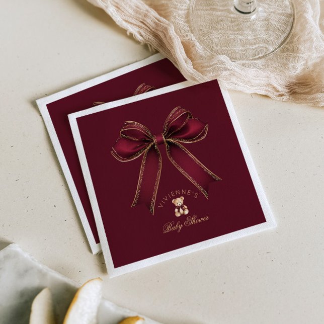 Burgundy Gold Bow Teddy Bear Luxury Baby Shower Napkin (Creator Uploaded)