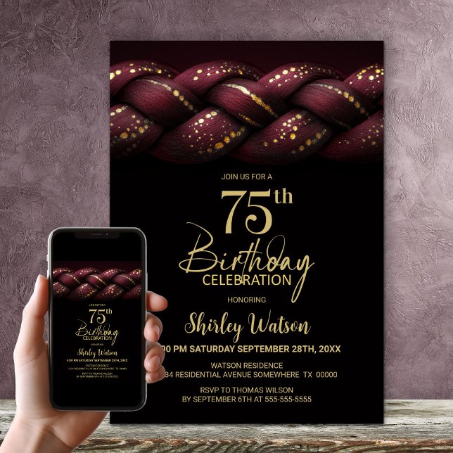 Burgundy Gold Braid 75th Birthday Party Invitation (Creator Uploaded)