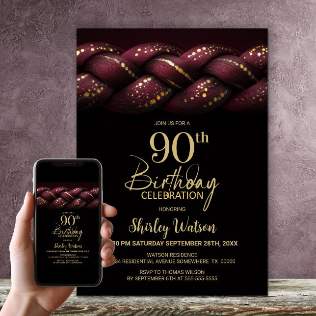 Burgundy Gold Braid 90th Birthday Party Invitation (Creator Uploaded)
