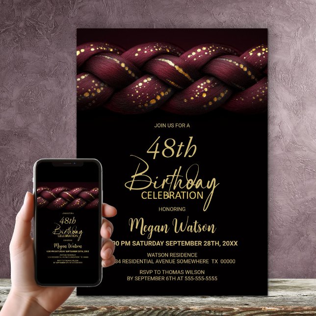 Burgundy Gold Braid Any Age Birthday Party Invitation (Creator Uploaded)