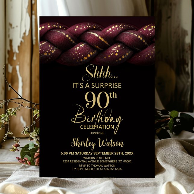 Burgundy Gold Braid Surprise 90th Birthday Party Invitation (Creator Uploaded)
