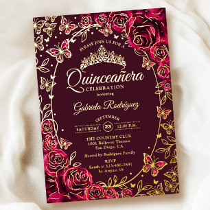 Burgundy Gold Butterflies Roses Quinceanera
