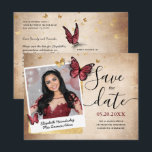 Burgundy Gold Butterfly Quince Photo Save the Date Announcement Postcard<br><div class="desc">Looking for beautiful quinceanera save the date postcards for your burgundy and gold party theme? Create your own save the dates on this simple DIY template that can be personalised with a glamourous Mis Quince Anos photo and other custom text. The watercolor art by Raphaela Wilson, showcases 2 burgundy monarch...</div>