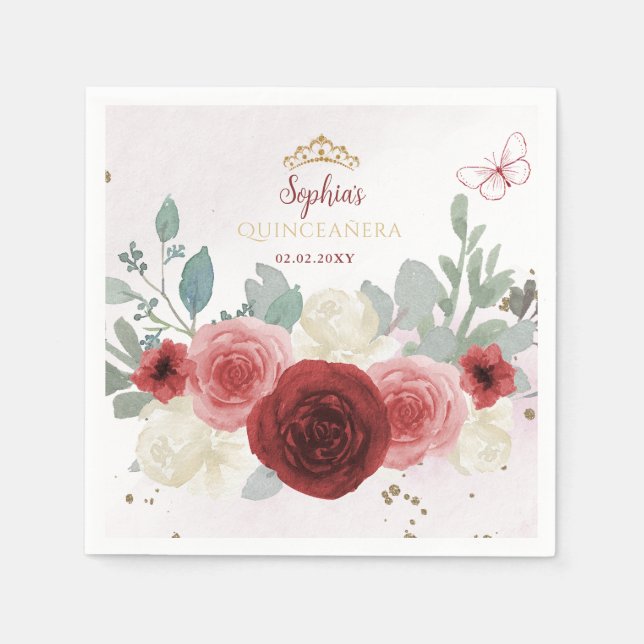 Burgundy Gold Butterfly Tiara Floral Quinceañera  Napkin (Front)