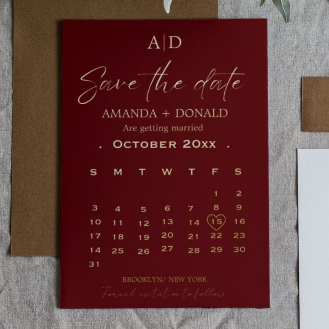 Burgundy Gold Calendar Wedding Save the date (Creator Uploaded)