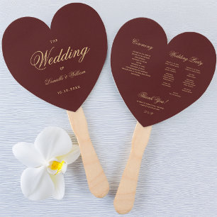 Burgundy Gold Calligraphy Heart Wedding Program Hand Fan