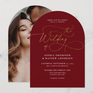 Burgundy Gold Calligraphy Photo Arch Wedding Invitation