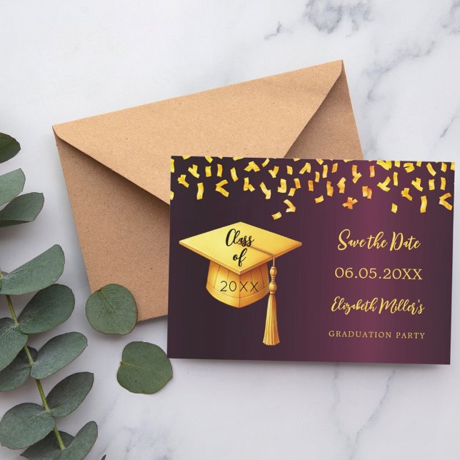 Burgundy gold cap confetti Graduation Party Save The Date (Creator Uploaded)