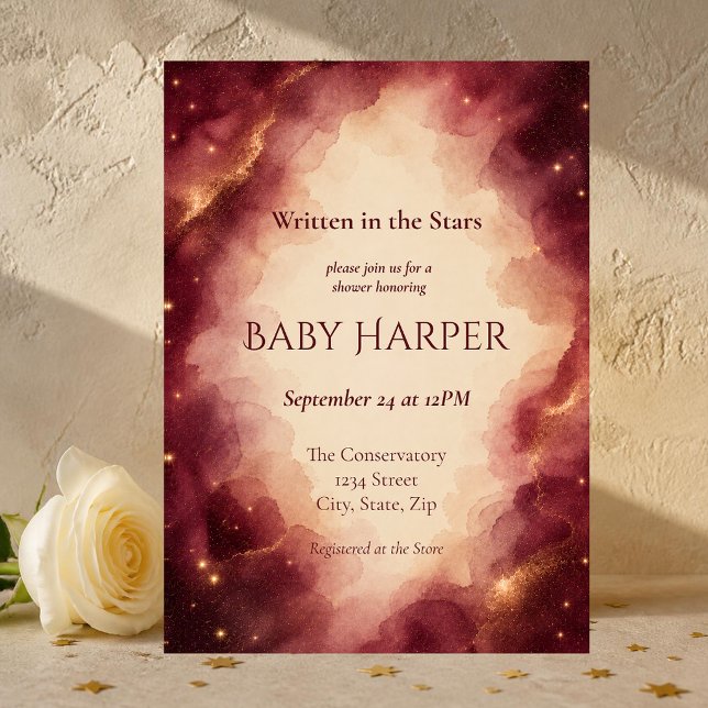 Burgundy & Gold Celestial Baby Shower Invitation (Luxury burgundy and gold celestial baby shower invitation with elegant watercolor galaxy design.)