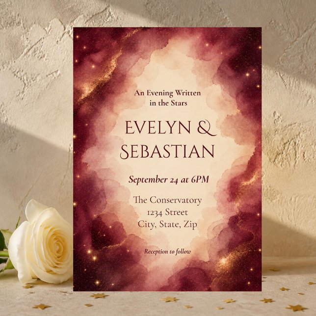 Burgundy & Gold Celestial Wedding Invitation (Elegant burgundy and gold celestial wedding invitation with watercolor galaxy and luxury cosmos.)