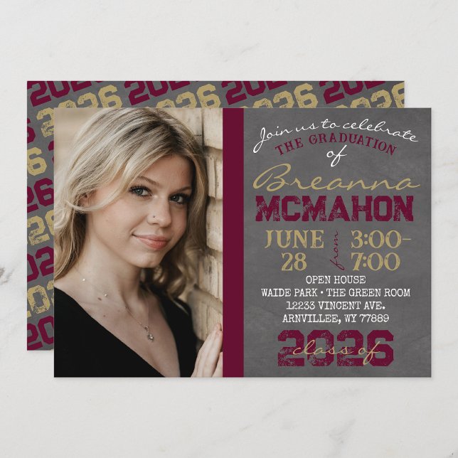 Burgundy & Gold Chalkboard Graduation Invitation (Repeating Class Year Chalkboard Graduation Photo Invitations)