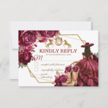 Burgundy Gold Charra Horse Quinceañera RSVP Card