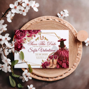 Burgundy Gold Charra Horse Quinceanera Save The Date
