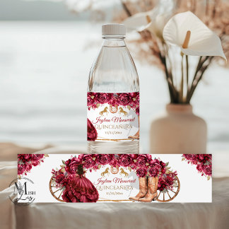 Burgundy Gold Charra Horse Quinceañera Water Bottle Label