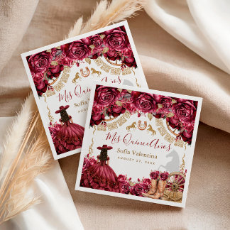 Burgundy Gold Charra Quinceanera Horseshoe  Napkin
