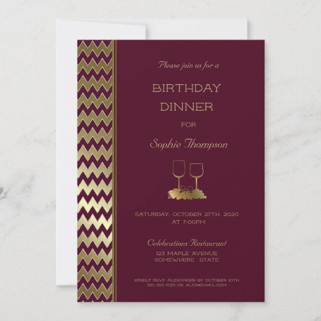 Burgundy Gold Chevron Striped Birthday Dinner Invitation (Front)