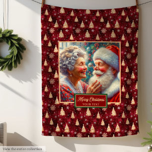 Burgundy Gold Christmas Blanket Classic Santa  