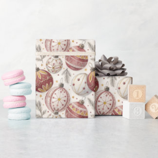 Burgundy Gold Christmas Ornaments Wrapping Paper