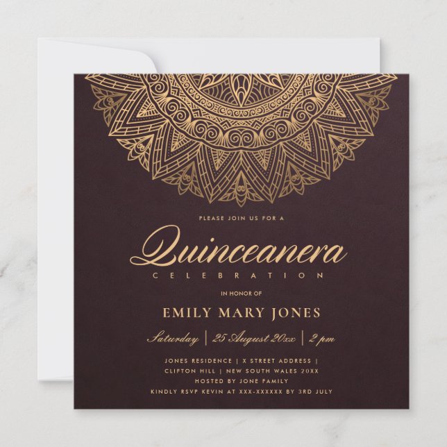 BURGUNDY GOLD CLASSIC ORNATE MANDALA QUINCEANERA INVITATION (Front)