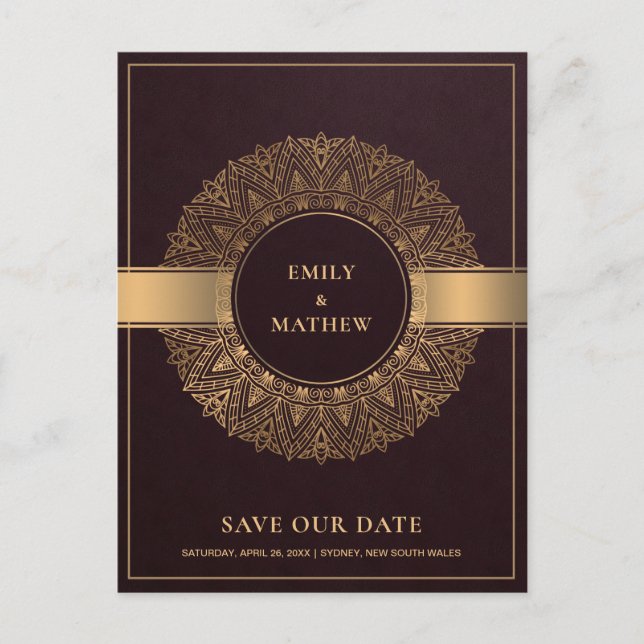 BURGUNDY GOLD CLASSIC ORNATE MANDALA SAVE THE DATE ANNOUNCEMENT POSTCARD (Front)