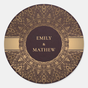 BURGUNDY GOLD CLASSIC ORNATE MANDALA WEDDING ROUND STICKER