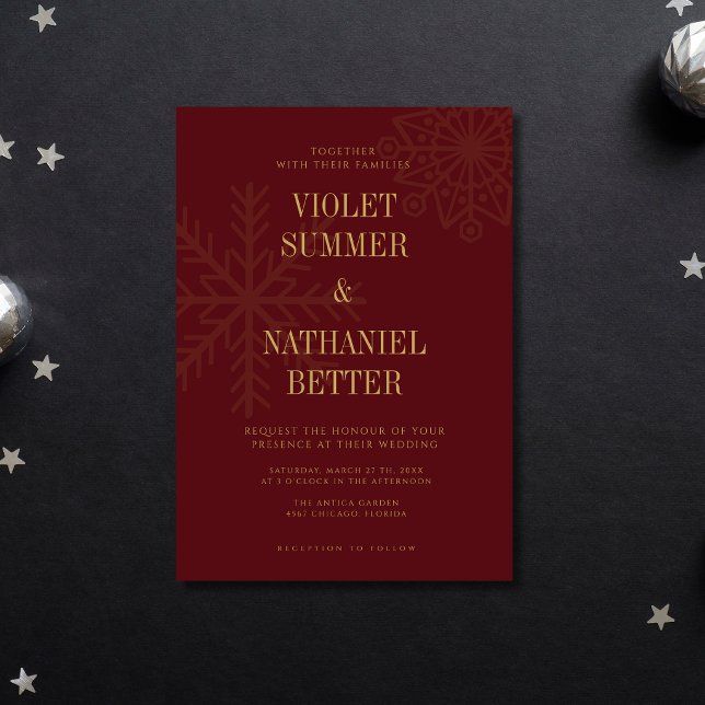 Burgundy & Gold Clean Snowflake Winter Wedding Invitation (Creator Uploaded)