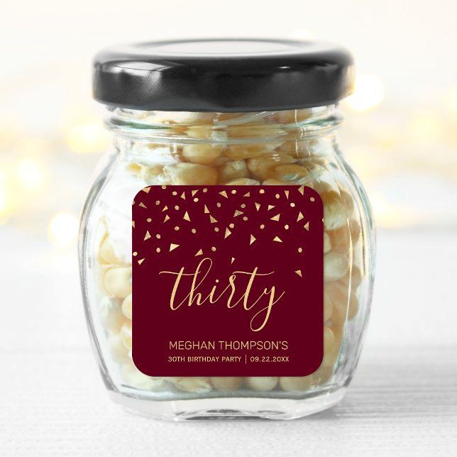 Burgundy Gold Confetti 30th Birthday Square Sticker (Creator Uploaded)