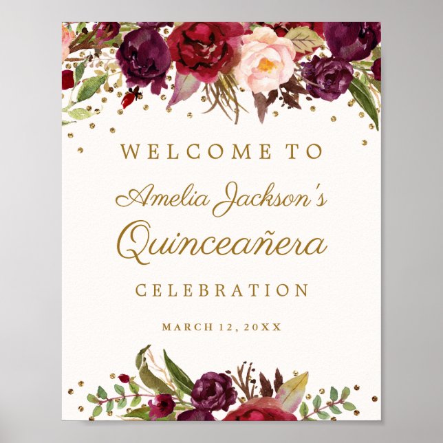 Burgundy Gold Confetti Floral Quinceanera Sign (Front)
