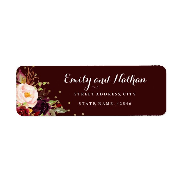 Burgundy Gold Confetti Floral Return Address Label (Front)