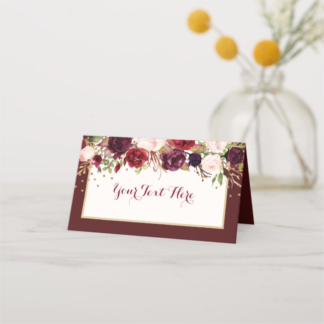 Burgundy Gold Confetti Floral Wedding Place Card (Front)