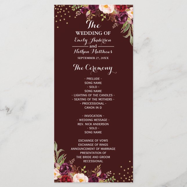 Burgundy Gold Confetti Floral Wedding Program Programme (Front)