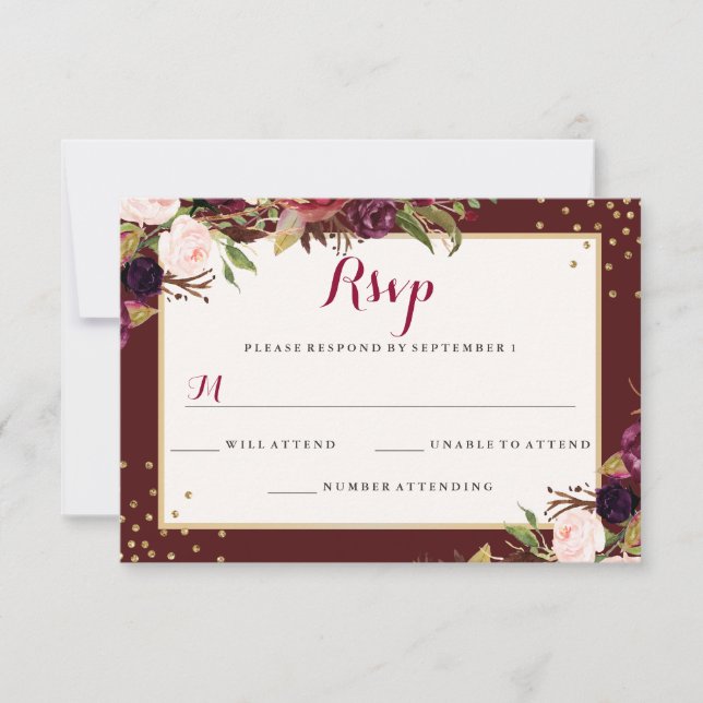 Burgundy Gold Confetti Floral Wedding RSVP Card (Front)