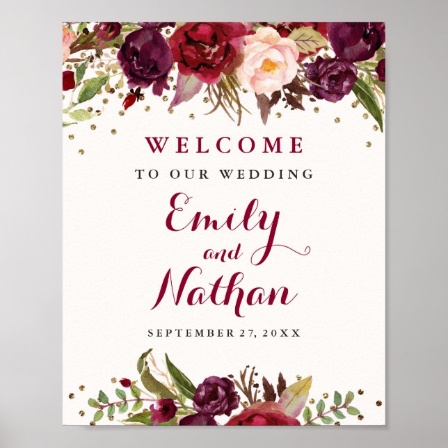 Burgundy Gold Confetti Floral Wedding Sign (Front)