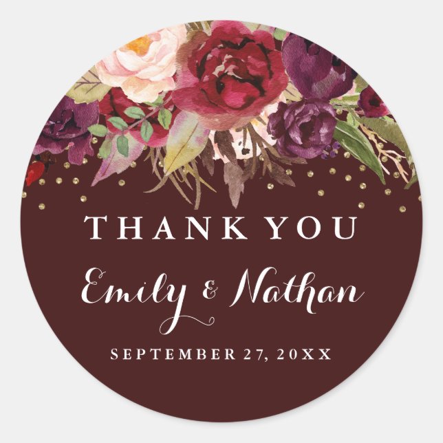 Burgundy Gold Confetti Floral Wedding Sticker (Front)
