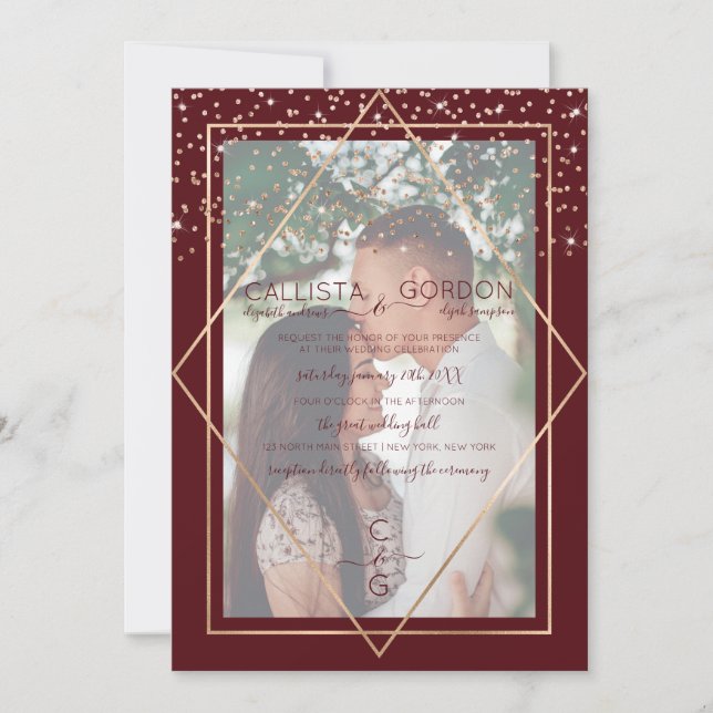 Burgundy Gold Confetti Geo Border Photo Wedding Invitation (Front)