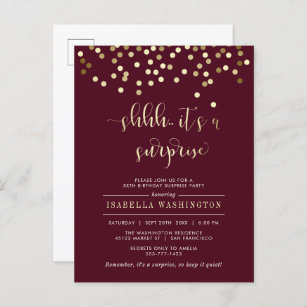 Burgundy & Gold Confetti Surprise Birthday Party Invitation Postcard