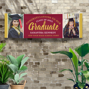 Burgundy & Gold Congrats Grad Two Photo Graduation Banner