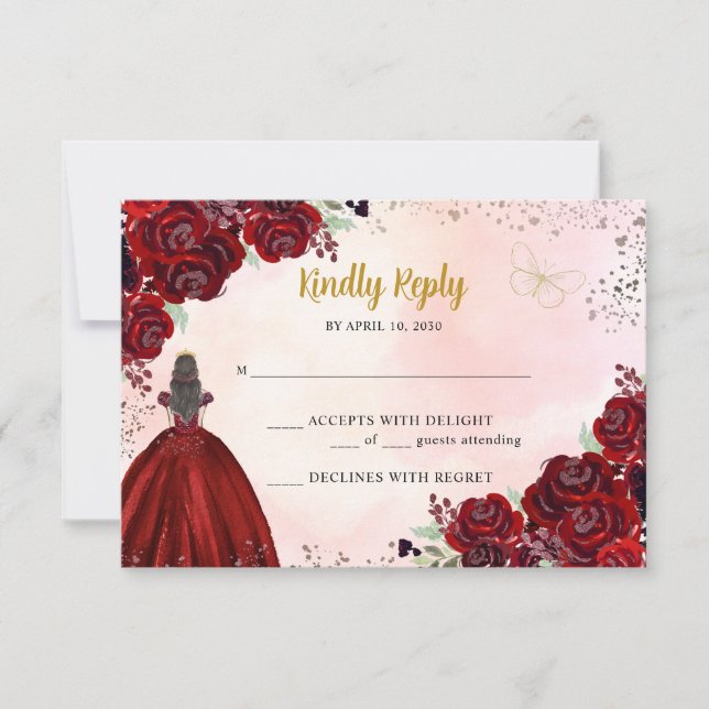 Burgundy Gold Copper Floral Princess Quinceañera RSVP Card (Front)