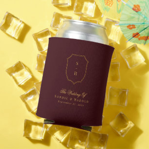 Burgundy & Gold Crest Monogram Wedding Favor Can Cooler