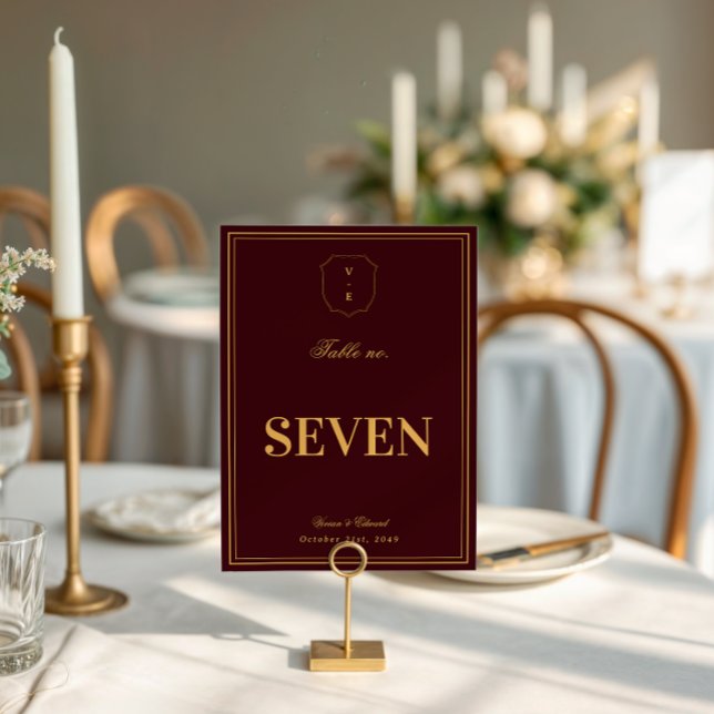 Burgundy Gold Crest Monogram Wedding Table Number (Creator Uploaded)