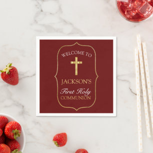 Burgundy Gold Cross 1st Holy Communion Reception Napkin