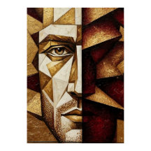Burgundy Gold Cubist Man - Textured Abstract 