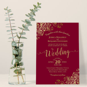 Burgundy & Gold Curls Elegant Calligraphy Wedding Invitation