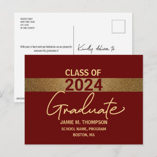 Burgundy Gold Custom Class of 2024 Graduation Postcard