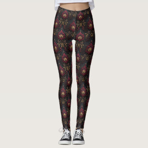 Burgundy Gold Damask Elegance Leggings