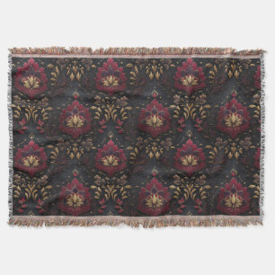 Burgundy Gold Damask Elegance Throw Blanket