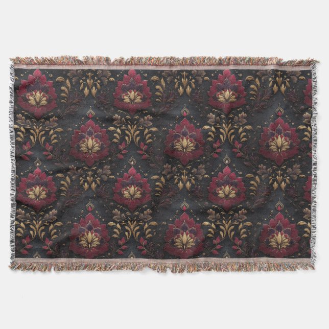 Burgundy Gold Damask Elegance Throw Blanket (Front)