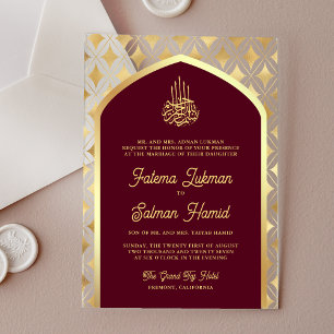 Burgundy Gold Diamonds Arch Muslim Wedding Acrylic Invitations