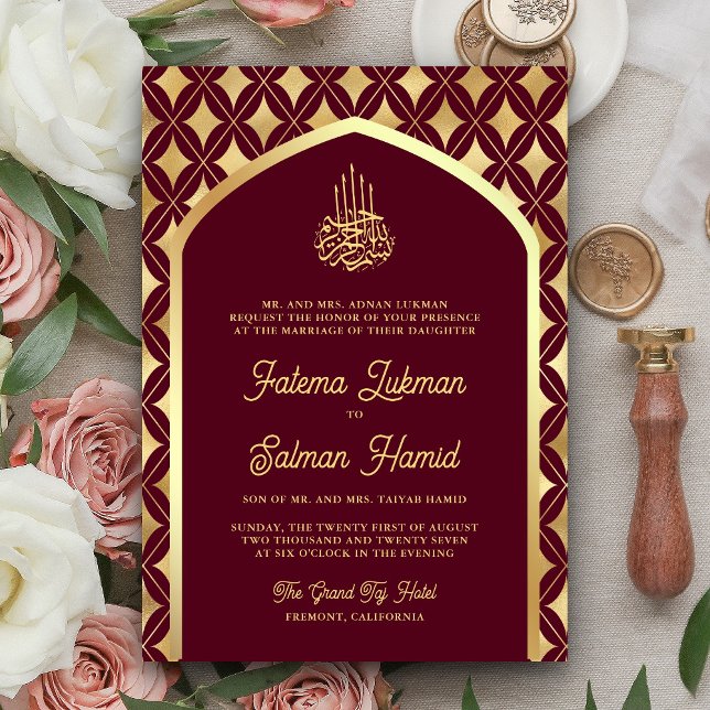 Burgundy Gold Diamonds Arch Muslim Wedding Invitation (Creator Uploaded)