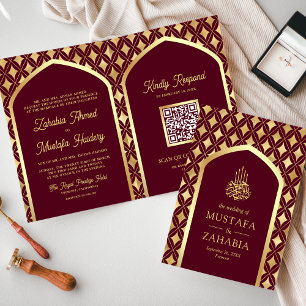 Burgundy Gold Diamonds Arch QR Code Muslim Wedding Invitation